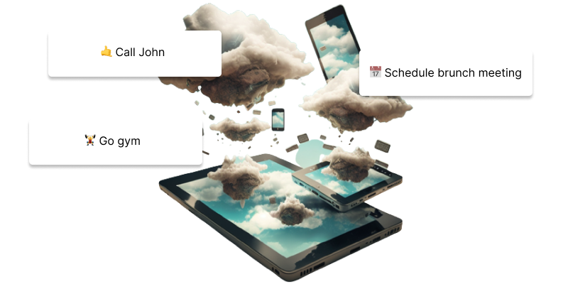 multiple electronic devices that look like tablets, phones, and laptops, levitating in clouds